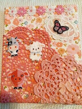 Wall picture: Pink Floral Crochet, Homemade Picture with Cute Animal Appliqués